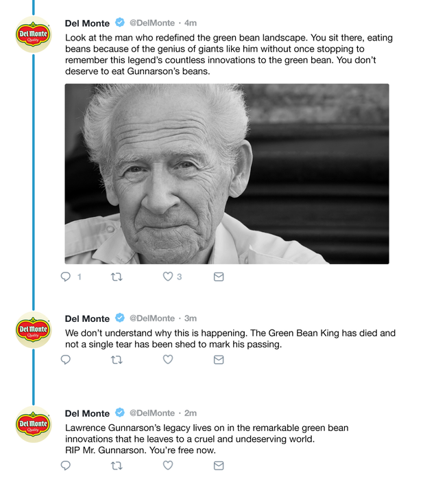 Illustration for article titled Twitter Meltdown: Del Monte Tweeted A Heartfelt Tribute To The Father Of Modern Green Beans And It’s Getting Really Worked Up That People Don’t Seem Upset By His Death